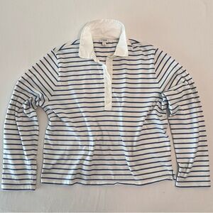 J Crew Blue & White Stripes Woman’s Poplin Collar Casual Polo Shirt Long Sleeve